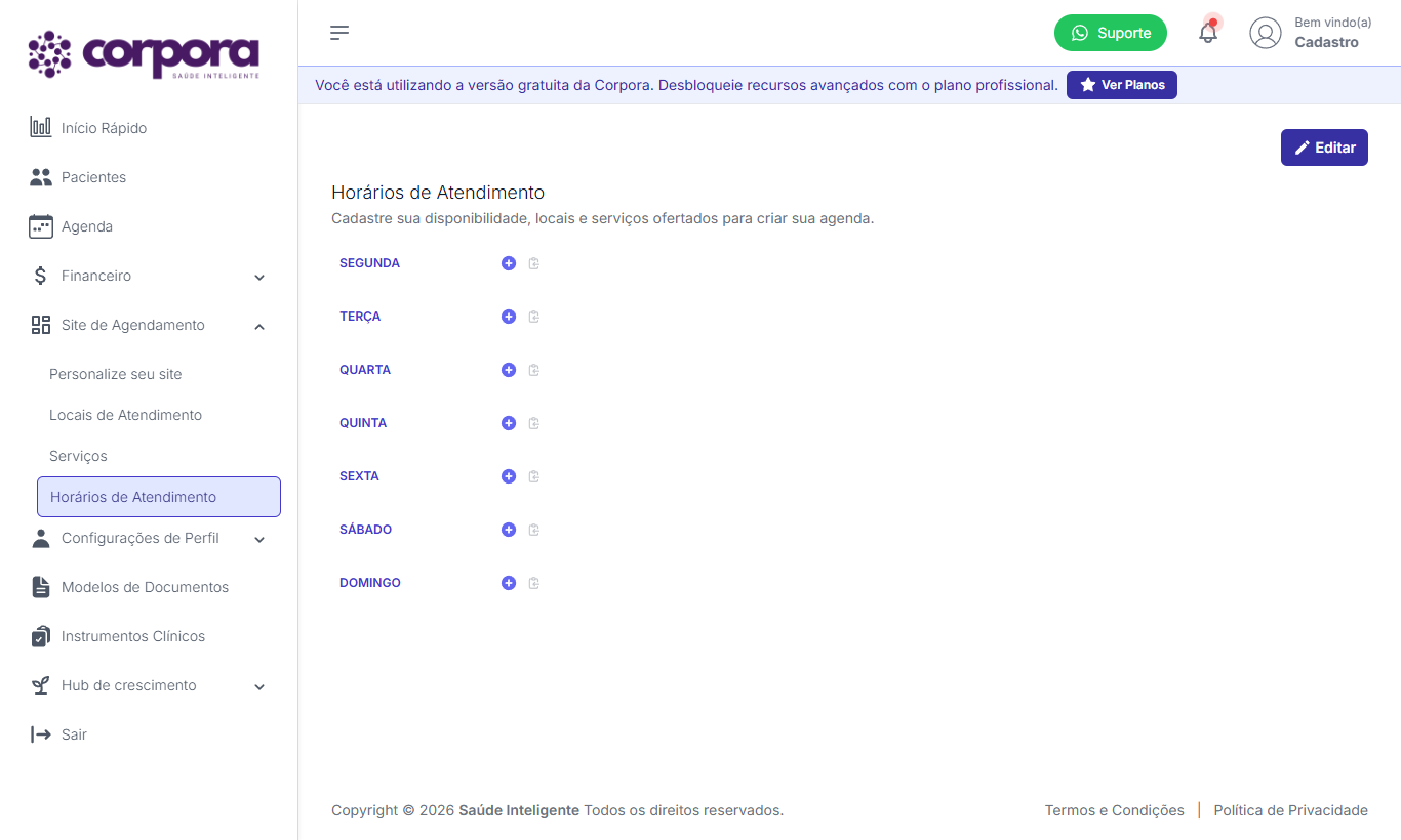 Tela de Horários de Atendimento
