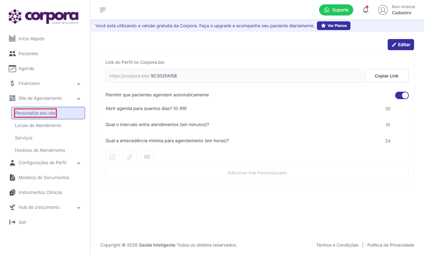 Item Personalize seu site no menu