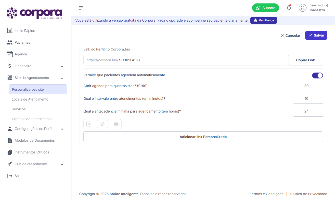 Tela Personalize seu site em modo edição