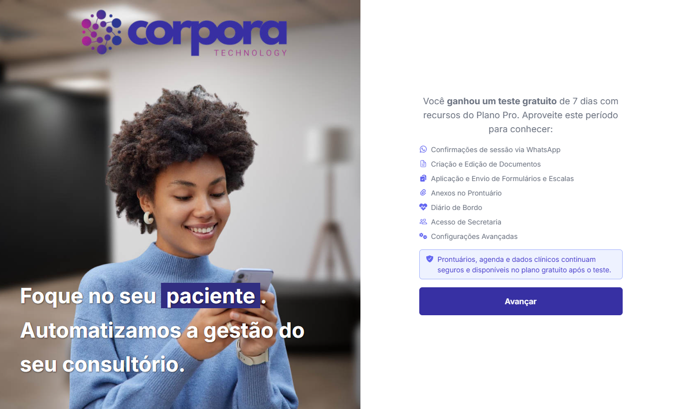 Tela de boas-vindas com teste gratuito