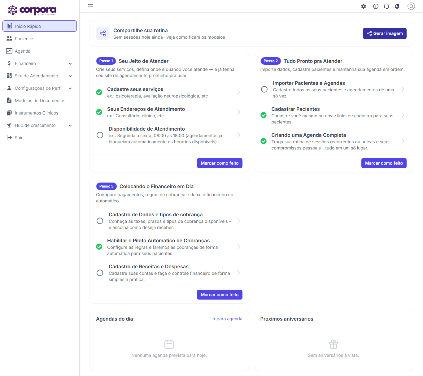 Tela Início Rápido com Compartilhe sua rotina, Primeiros passos, Agendas do dia e Próximos aniversários
