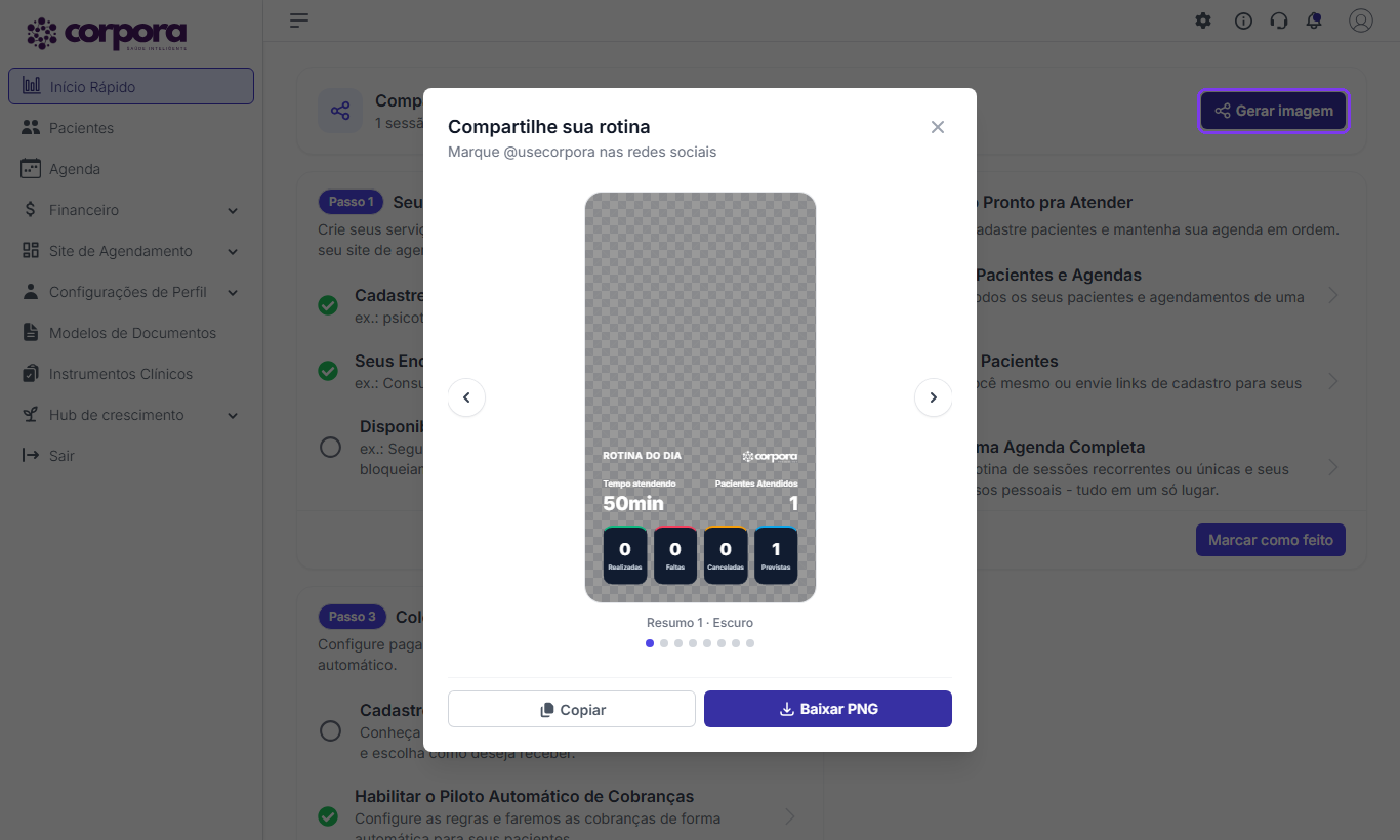 Janela Compartilhe sua rotina com um modelo de imagem e os botões Copiar e Baixar PNG