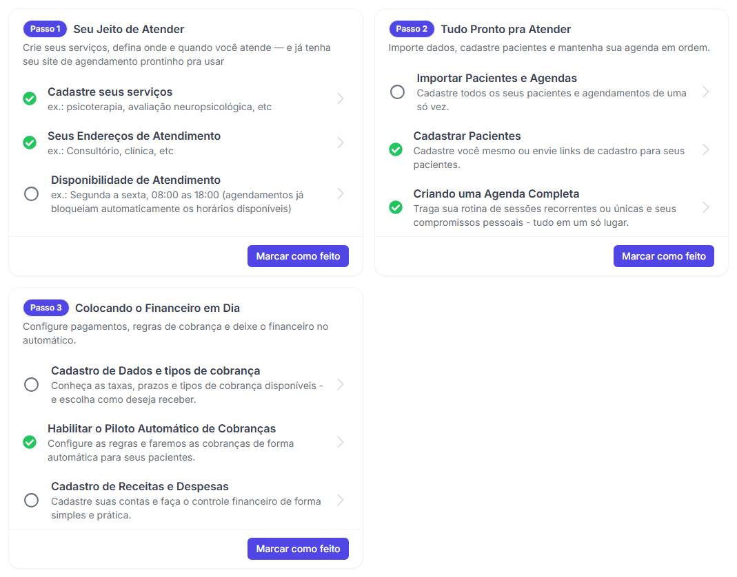 Cartões Passo 1, Passo 2 e Passo 3 dos Primeiros passos com o botão Marcar como feito