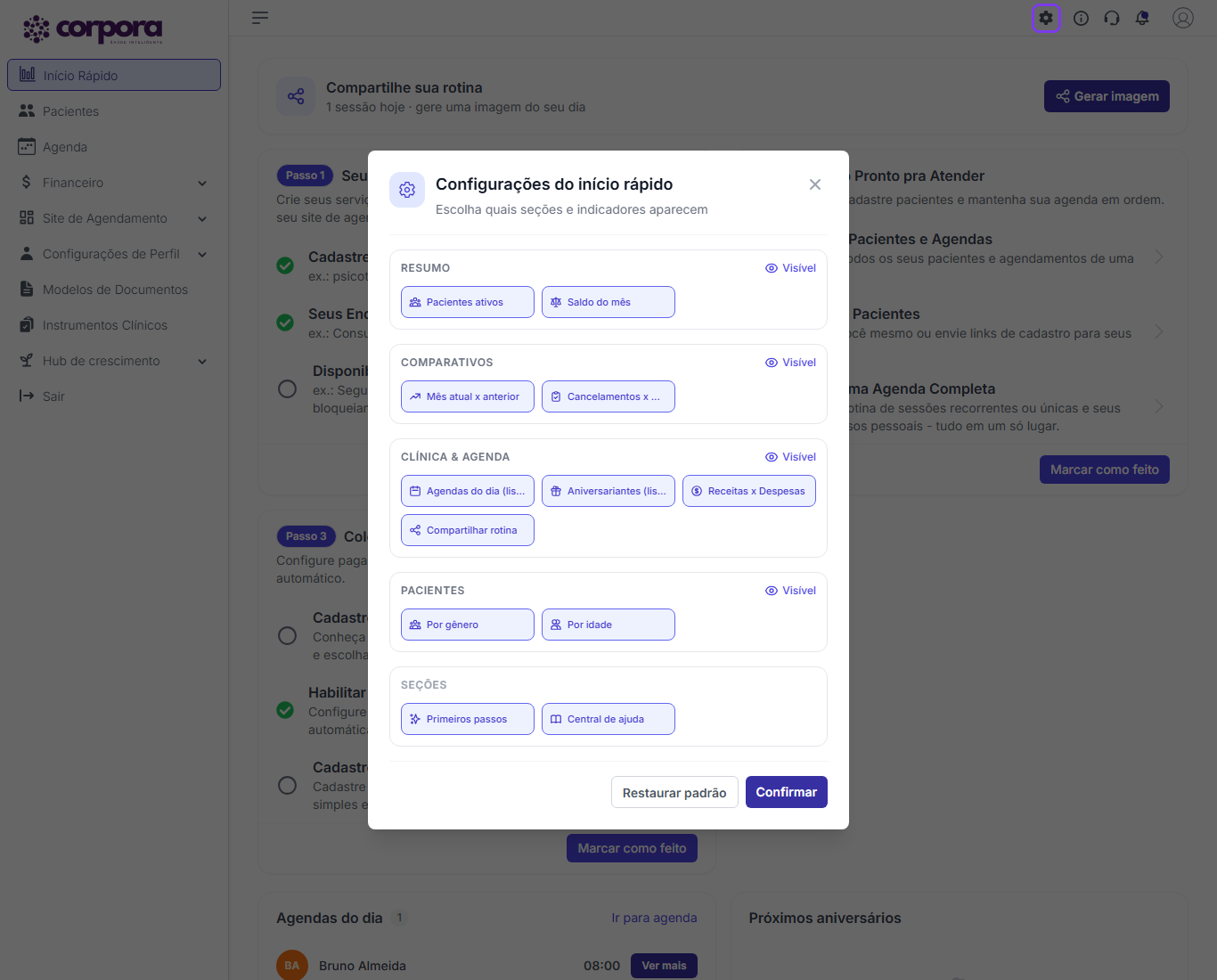 Janela Configurações do início rápido com os grupos de blocos e os botões Restaurar padrão e Confirmar