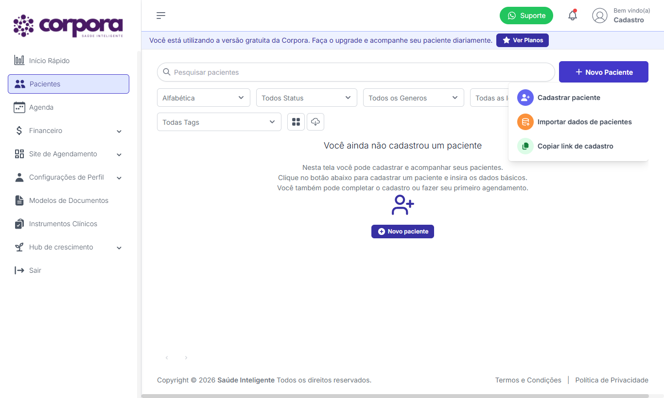 Menu Novo Paciente com 3 opções