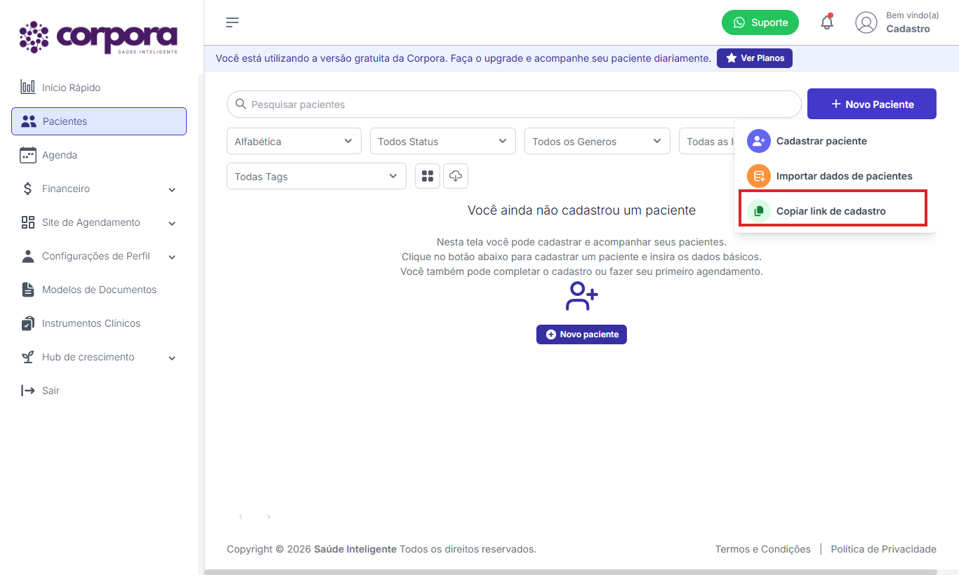 Menu Novo Paciente com link destacado