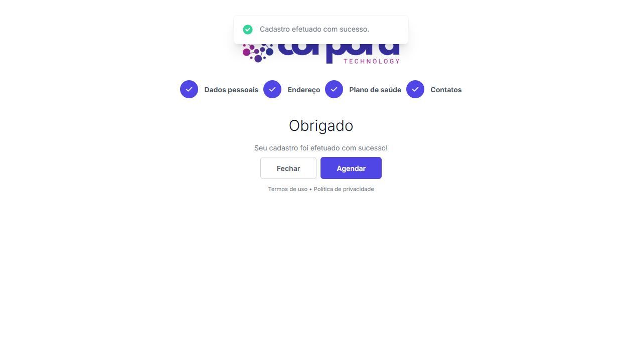 Cadastro efetuado com sucesso