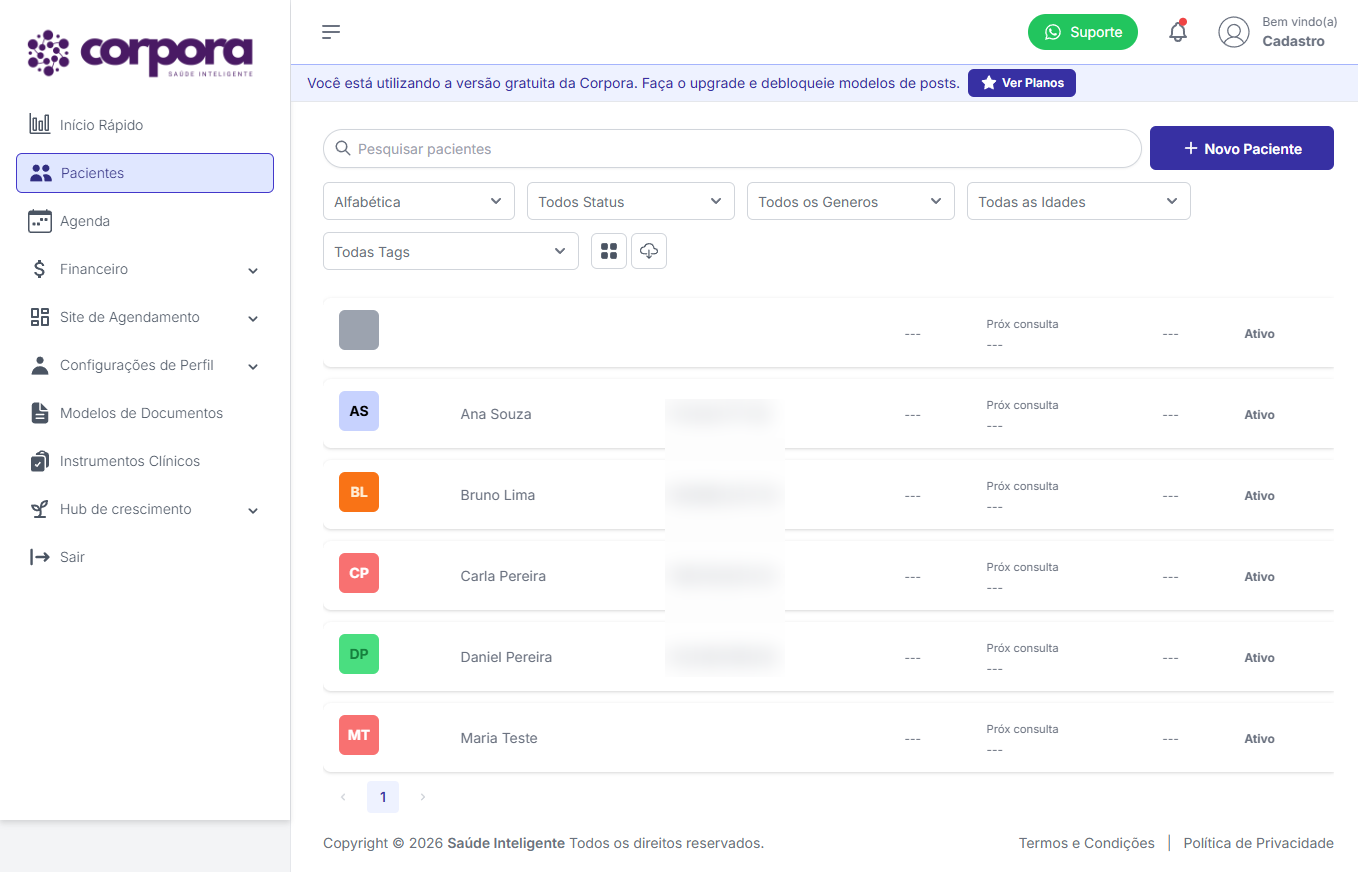 Lista de pacientes com novo cadastro pelo link