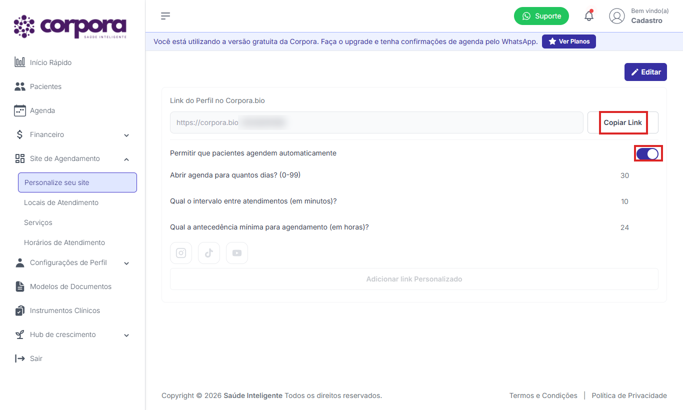 Tela Personalize seu site com Copiar Link e o toggle destacados