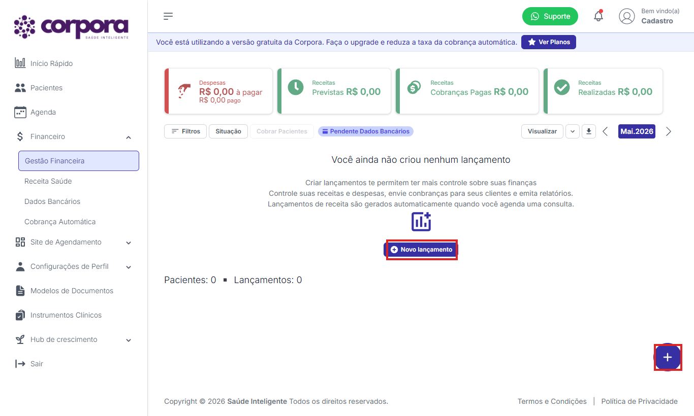 Gestão Financeira com botão Novo lançamento e + flutuante destacados