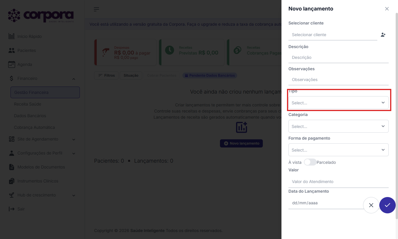 Drawer Novo lançamento com o campo Tipo destacado