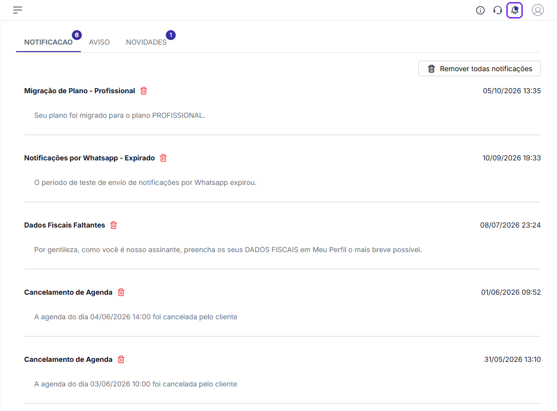 Central de notificações aberta pelo sino
