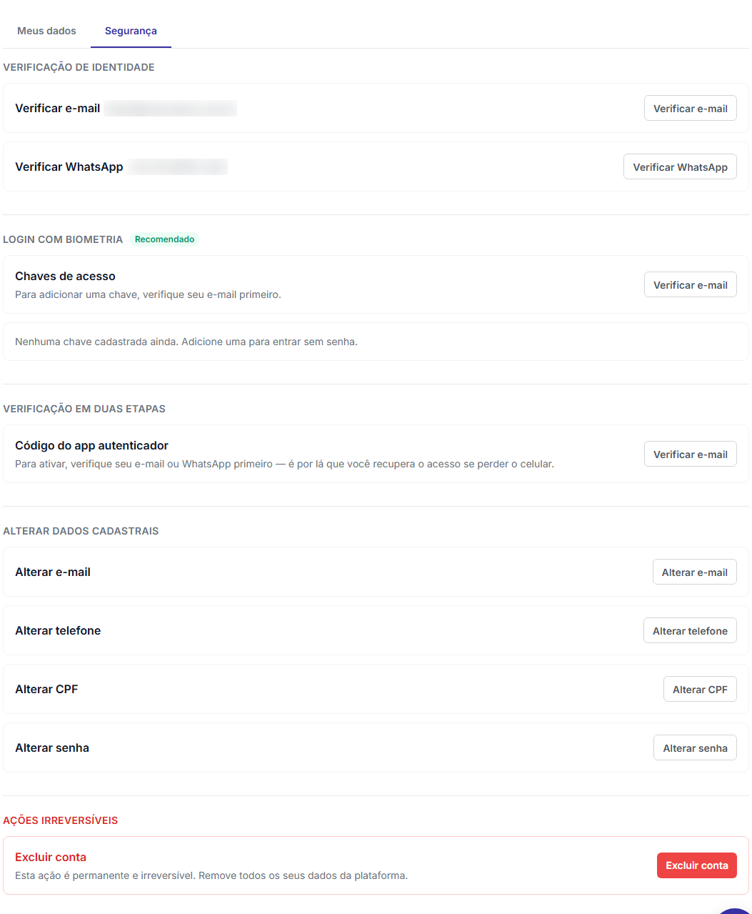 Aba Segurança do Meu Perfil com verificação de identidade, login com biometria, verificação em duas etapas, alteração de dados cadastrais e exclusão da conta