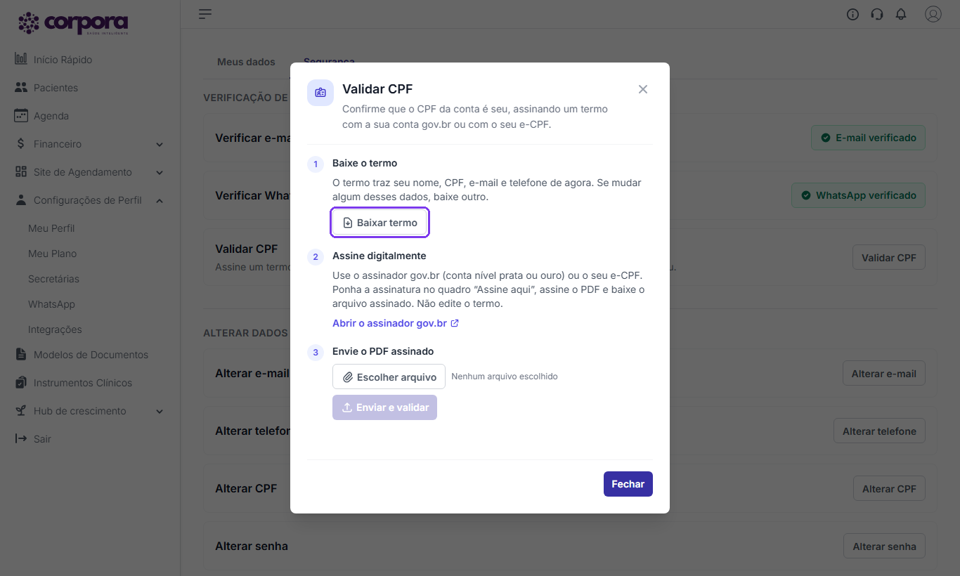 Janela Validar CPF com os passos Baixe o termo, Assine digitalmente e Envie o PDF assinado, com o botão Baixar termo destacado