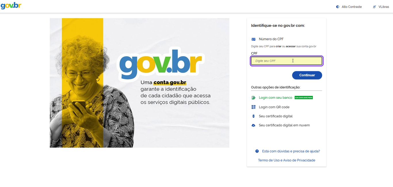 Tela de entrada do gov.br com o campo CPF destacado e o botão Continuar