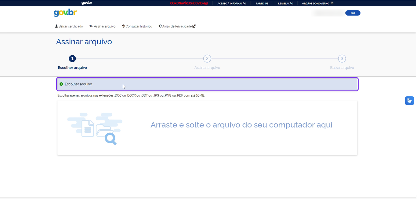 Assinador do gov.br no passo Escolher arquivo, com a barra Escolher arquivo destacada acima do quadro Arraste e solte o arquivo do seu computador aqui