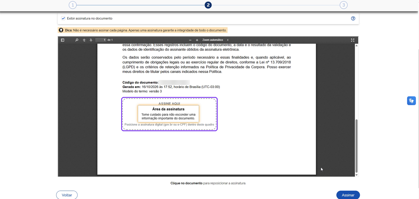 Assinador do gov.br no passo Assinar arquivo, com o retângulo Área da assinatura dentro do quadro ASSINE AQUI destacado
