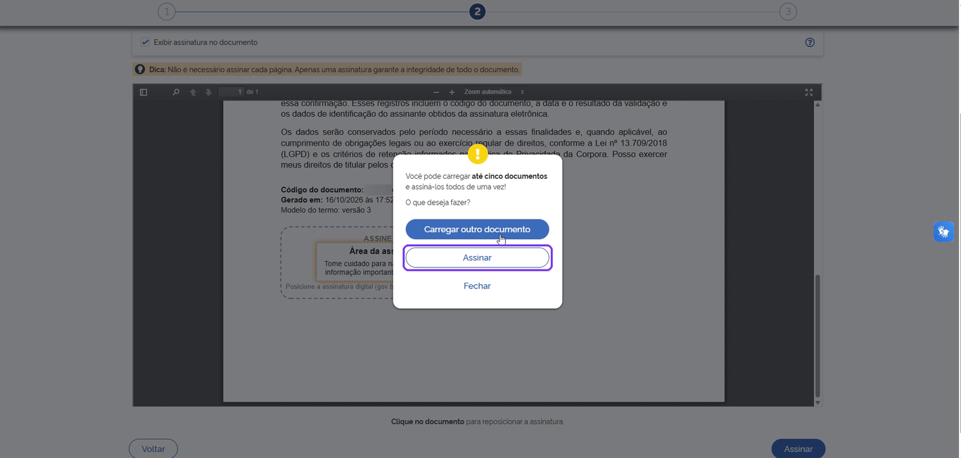 Aviso do gov.br com os botões Carregar outro documento, Assinar e Fechar, e o botão Assinar destacado
