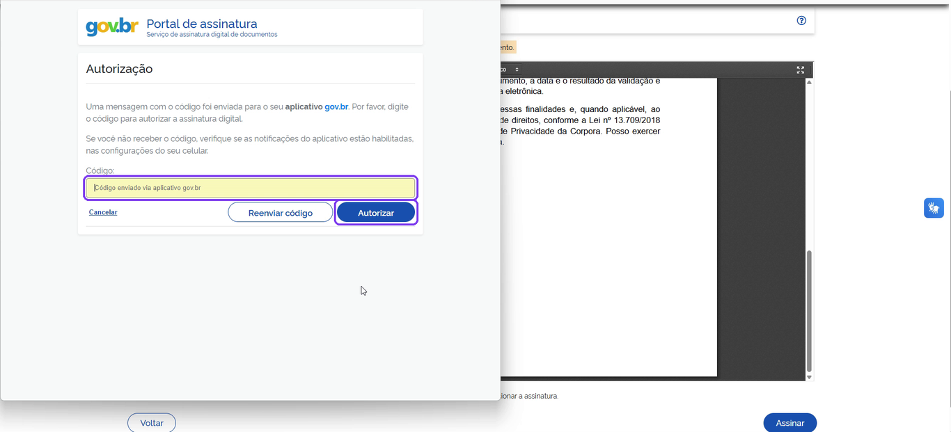 Janela Autorização do Portal de assinatura do gov.br com o campo Código e o botão Autorizar destacados