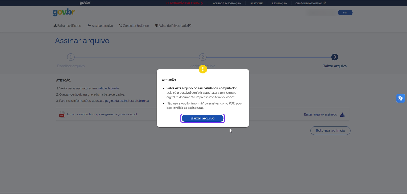 Aviso ATENÇÃO do gov.br pedindo para salvar o arquivo no celular ou computador, com o botão Baixar arquivo destacado