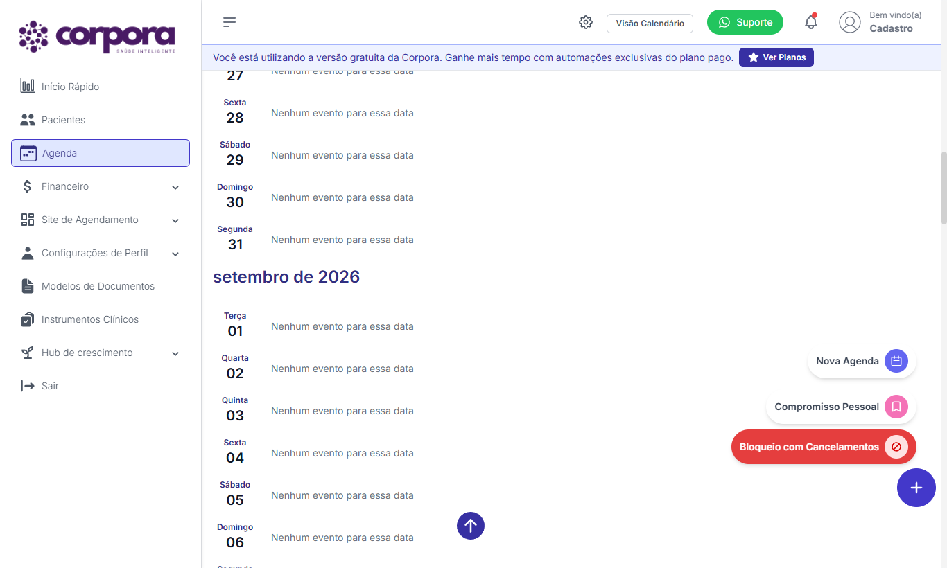 Botão + da Agenda com as três opções