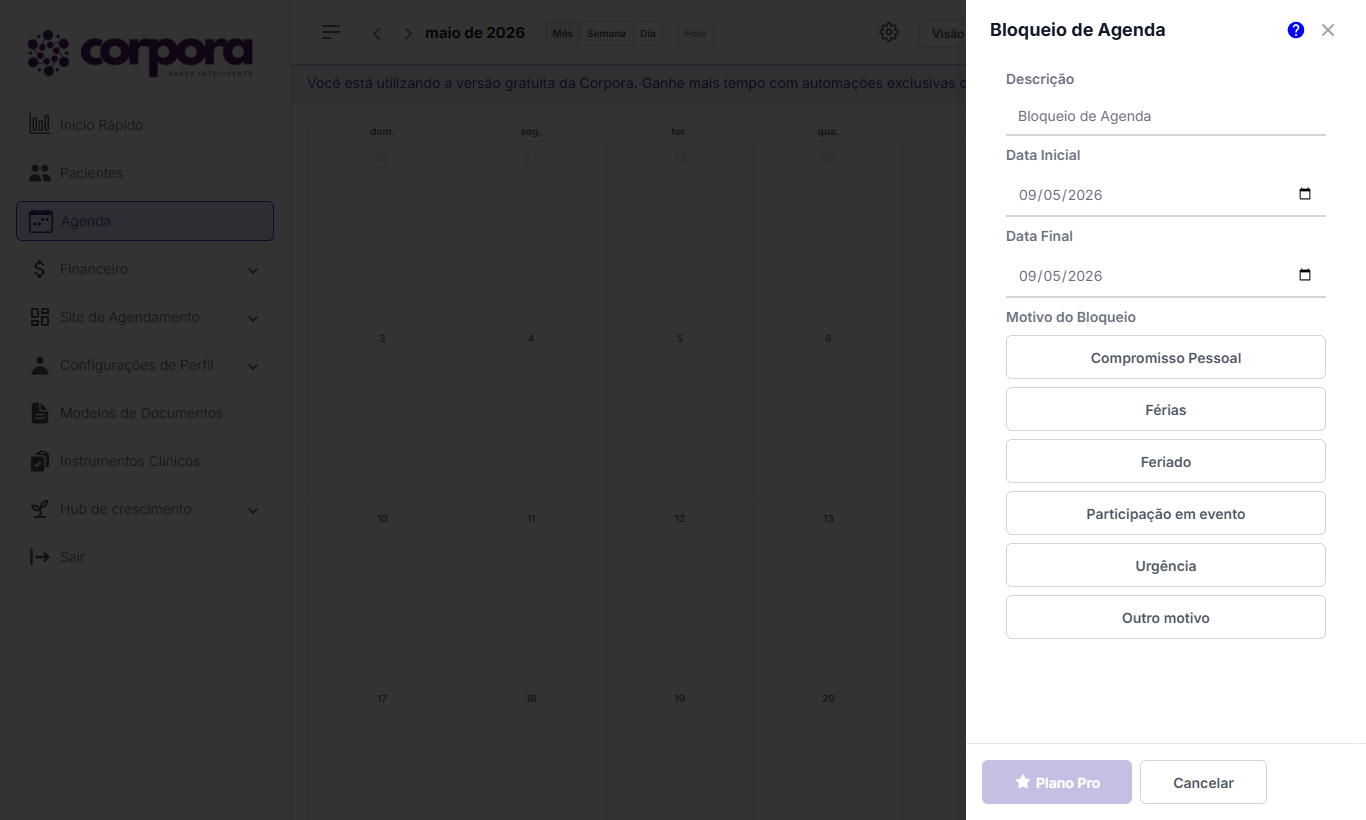 Formulário de Bloqueio de Agenda