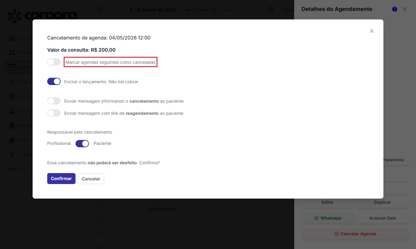 Janela de cancelamento de agenda