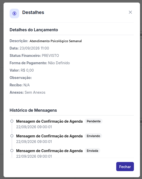 Janela de Detalhes com lançamento financeiro e histórico de mensagens