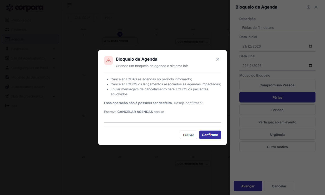 Janela de confirmação do bloqueio com o campo para digitar CANCELAR AGENDAS