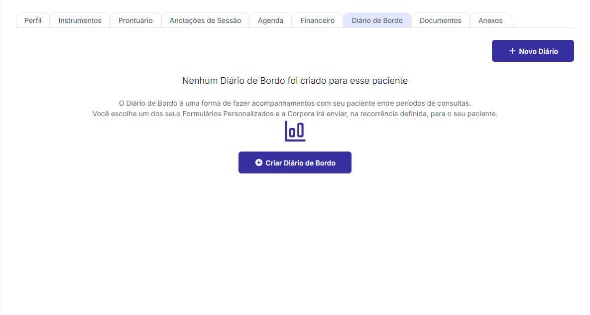 Estado inicial da aba Diário de Bordo