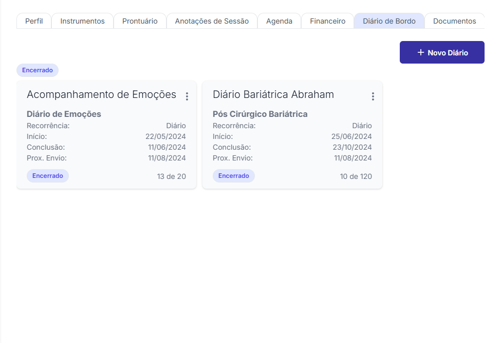 Lista de diários do paciente