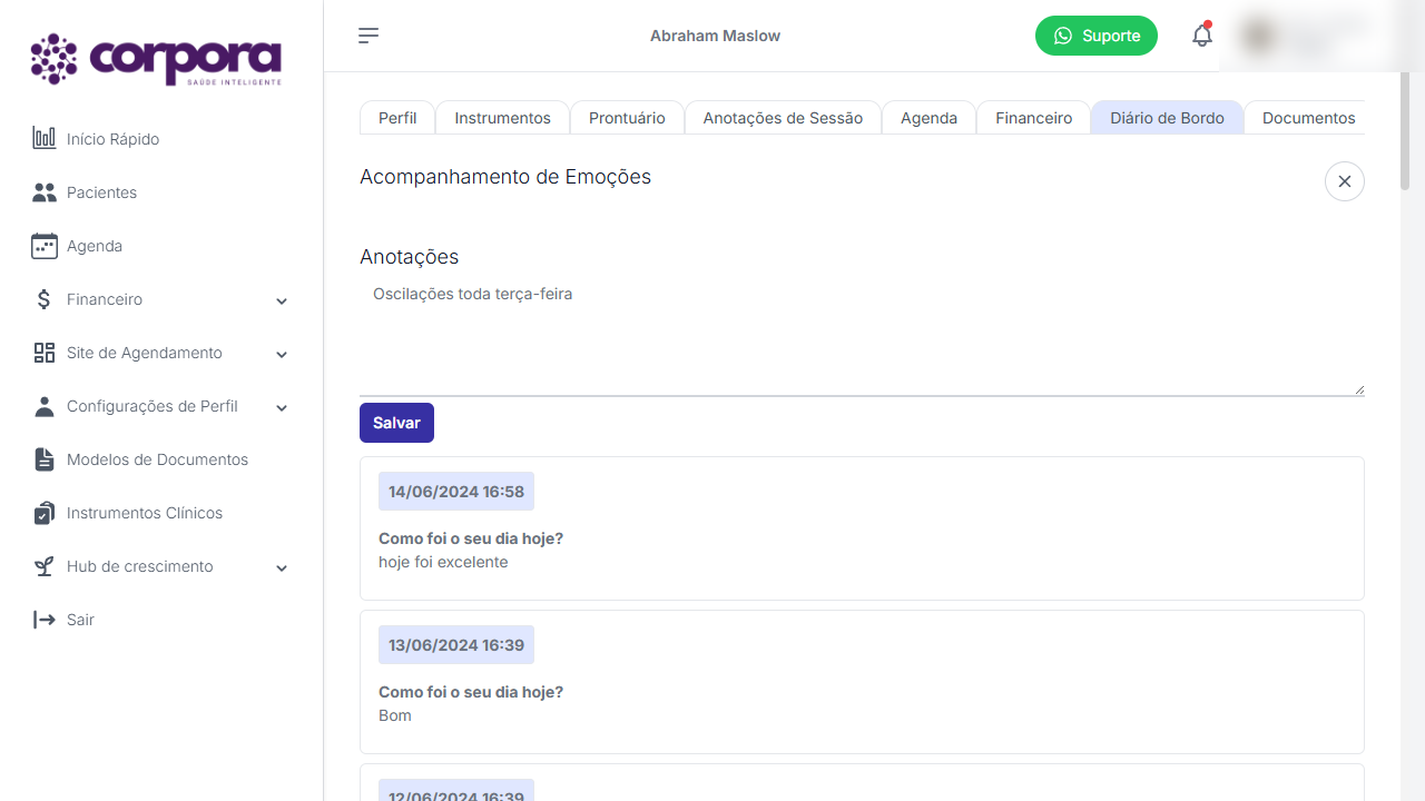 Painel do diário — anotações e timeline de respostas