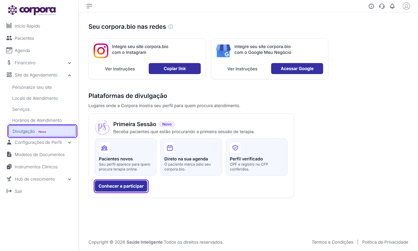 Tela Divulgação aberta pelo menu lateral, com os cards do Instagram e do Google Meu Negócio e o card da Primeira Sessão com o botão Conhecer e participar destacado