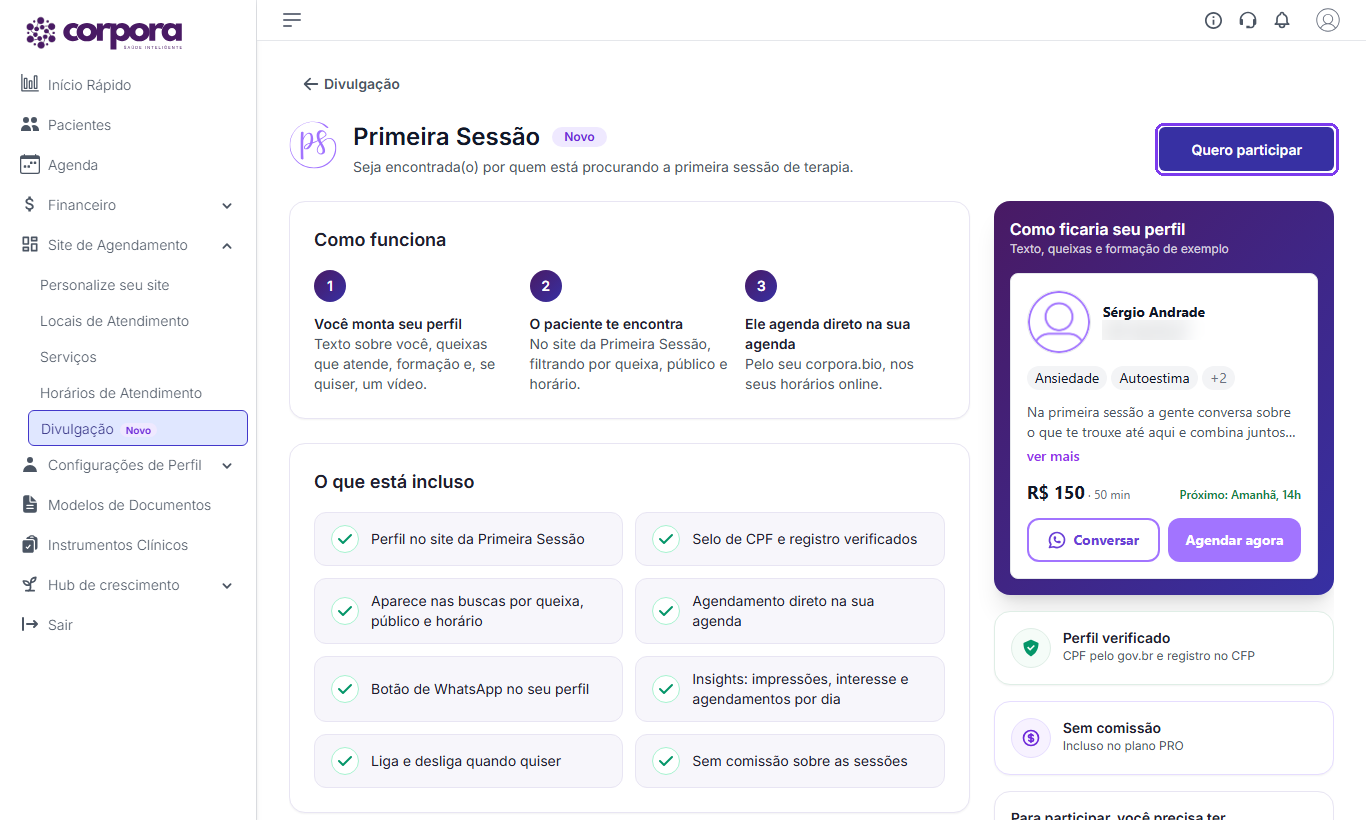 Apresentação da Primeira Sessão com como funciona, o que está incluso e a prévia do perfil, e o botão Quero participar destacado