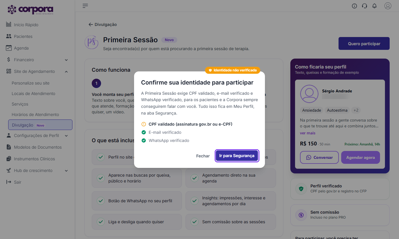Aviso Confirme sua identidade para participar com a lista de CPF, e-mail e WhatsApp e o botão Ir para Segurança destacado