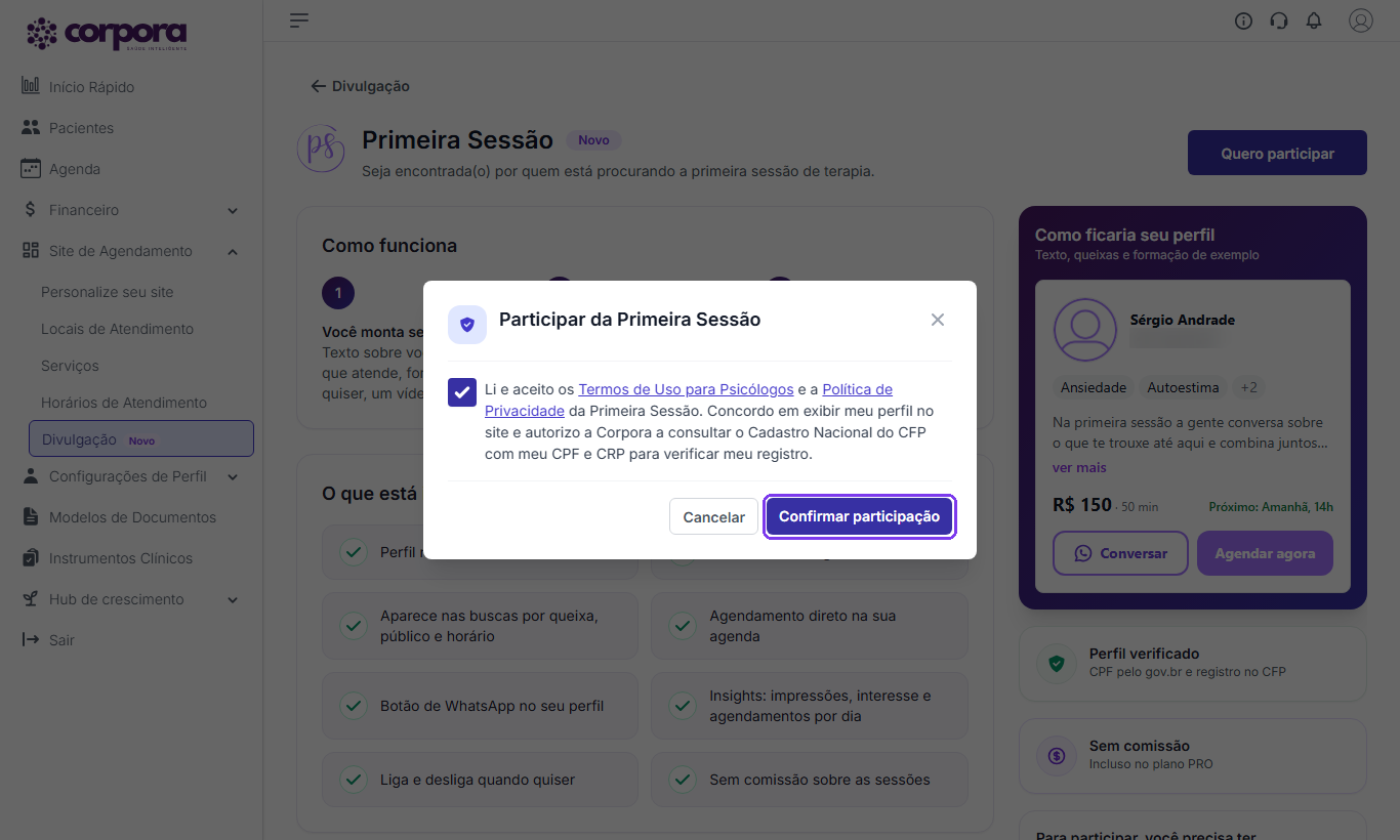 Diálogo Participar da Primeira Sessão com a caixa de concordância marcada e o botão Confirmar participação destacado