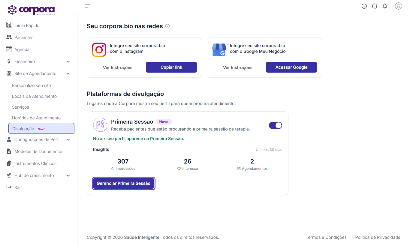 Card da Primeira Sessão na tela Divulgação com o perfil no ar, a chave ligada e os Insights dos últimos 30 dias, e o botão Gerenciar Primeira Sessão destacado
