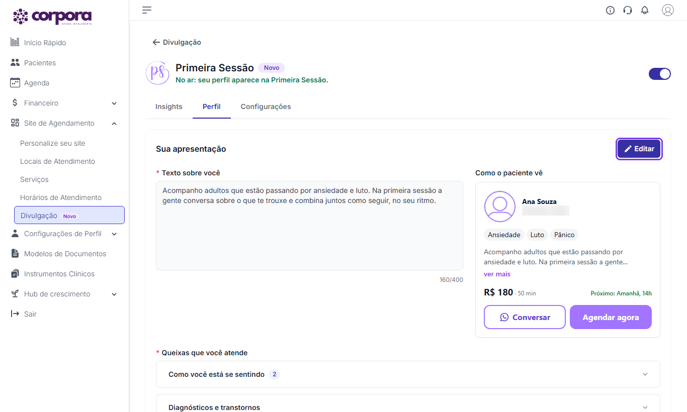 Aba Perfil da Primeira Sessão com o bloco Sua apresentação, a prévia Como o paciente vê ao lado do texto e o botão Editar destacado