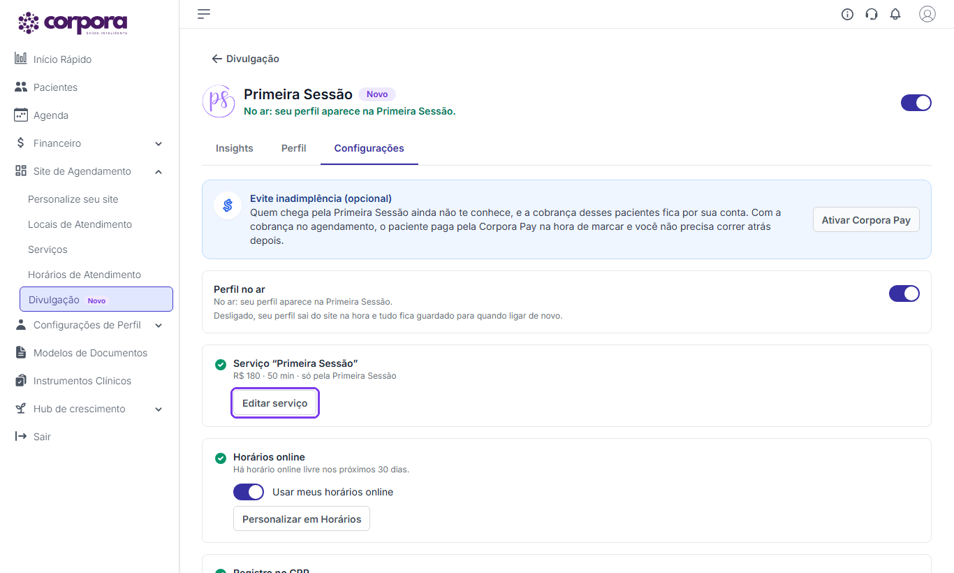 Aba Configurações da Primeira Sessão com o bloco Perfil no ar, o bloco Serviço Primeira Sessão e o bloco Horários online, e o botão Editar serviço destacado