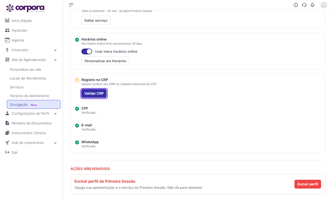 Lista de verificações da aba Configurações com a linha Registro no CRP ainda não conferida e o botão Validar CRP destacado