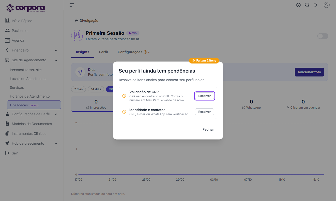 Aviso Seu perfil ainda tem pendências aberto com a lista de itens que faltam e um botão Resolver destacado