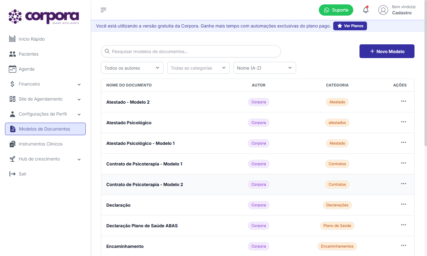 Tela Modelos de Documentos com a lista de modelos prontos da Corpora.