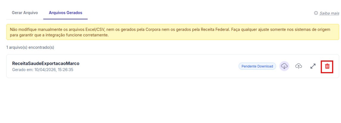 Passo 3 - Cancelar arquivo gerado na Corpora