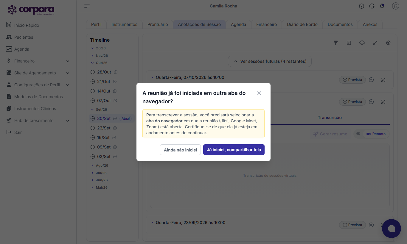 Diálogo A reunião já foi iniciada em outra aba do navegador? com os botões Ainda não iniciei e Já iniciei, compartilhar tela