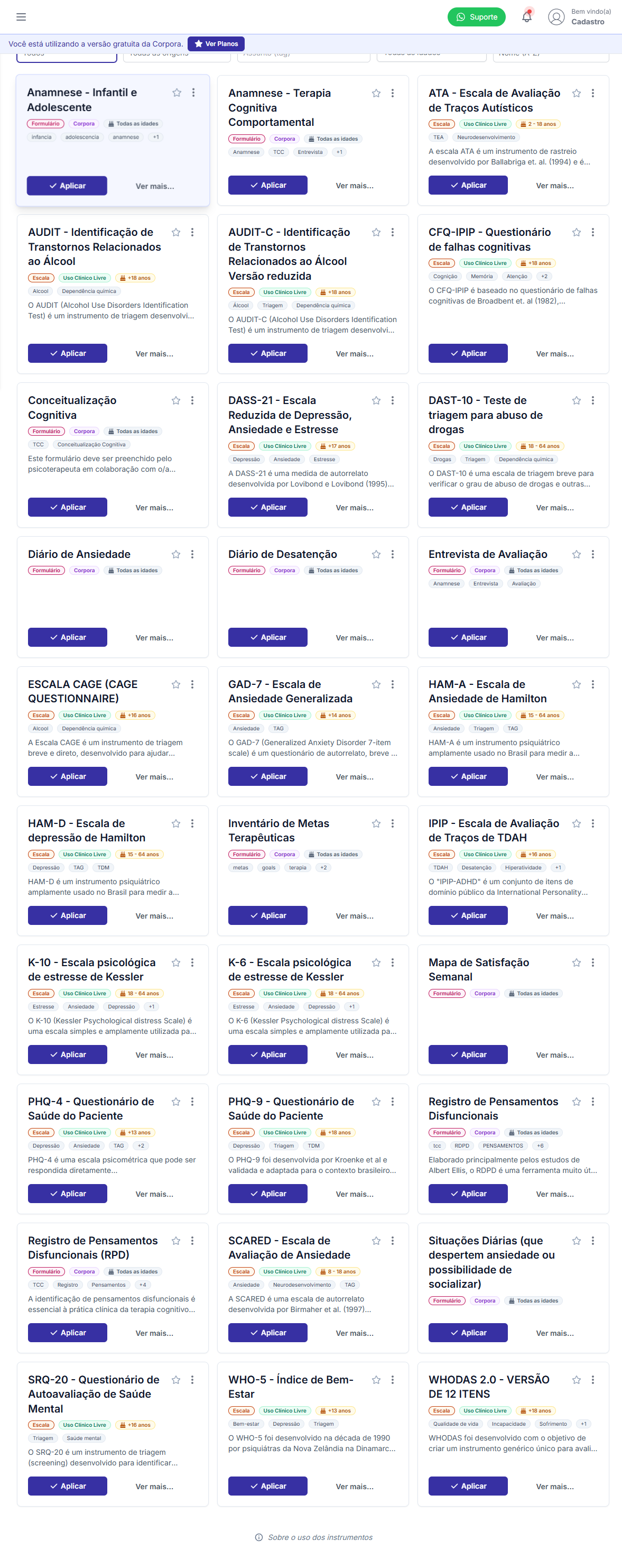 Lista de instrumentos clínicos com filtros e cards