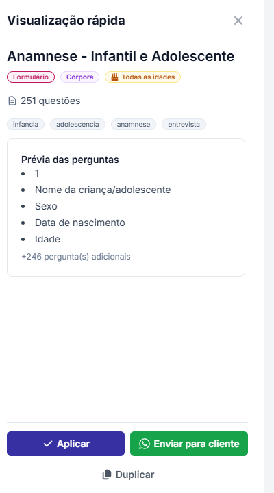 Visualização rápida de um formulário com prévia das perguntas