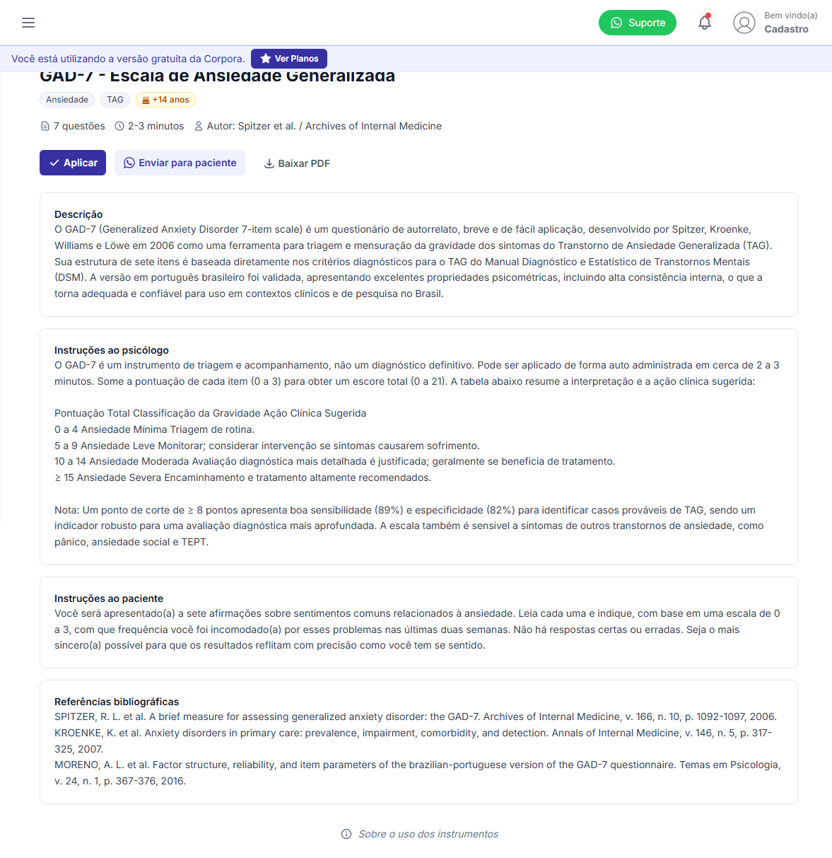 Detalhe de uma escala (GAD-7) com descrição, instruções e referências