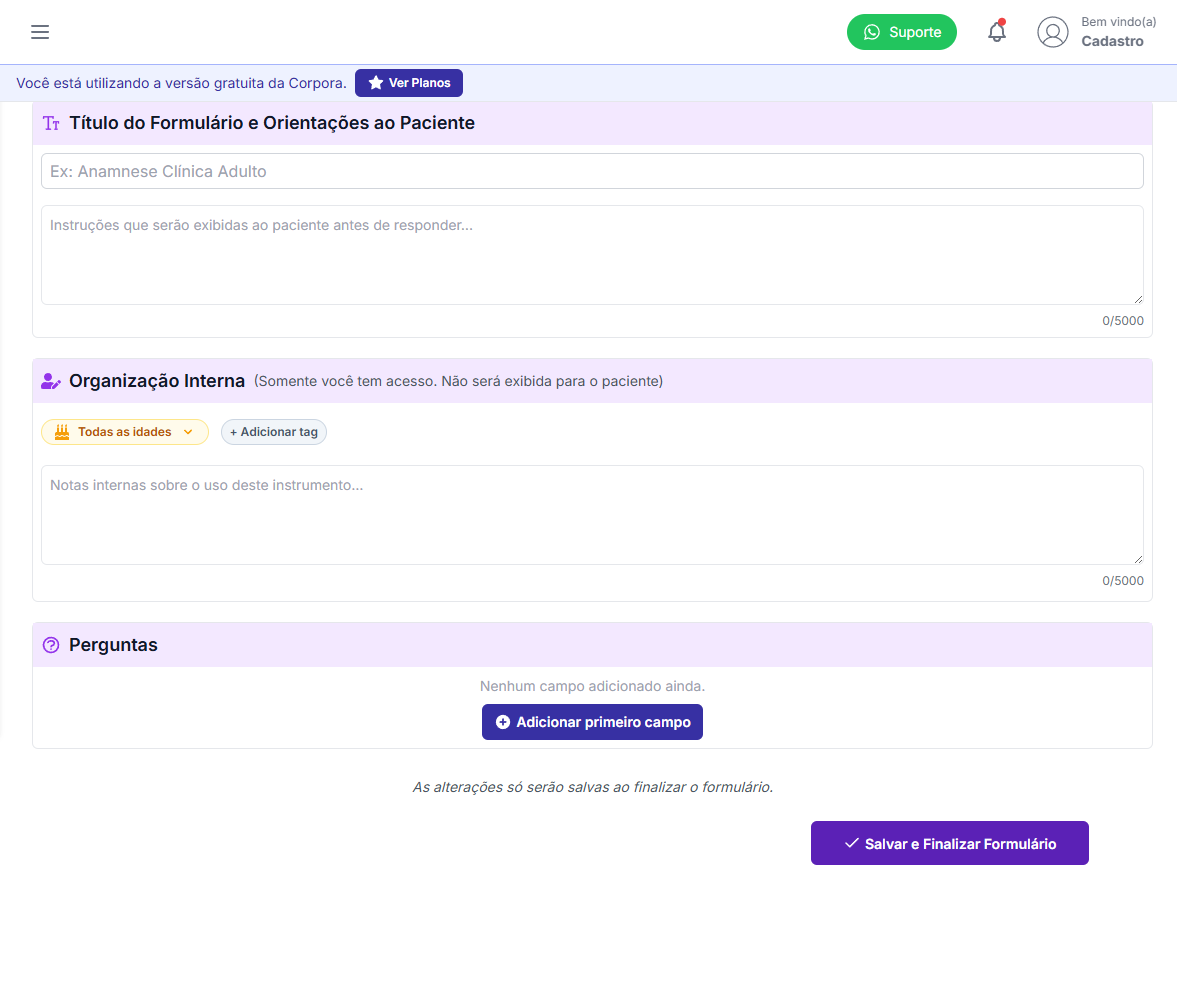 Tela de configuração de um novo formulário