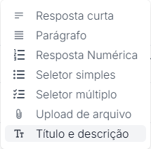 Lista de tipos de pergunta disponíveis