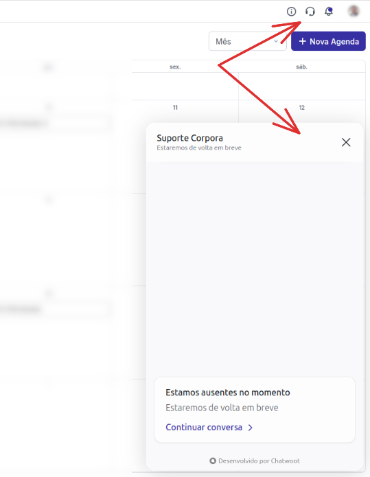 Ícone de fone de ouvido no topo da tela e janela do Suporte Corpora aberta